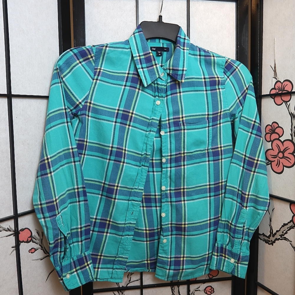 GAP Teal Plaid Blue Button-Up Shirt Size XS
